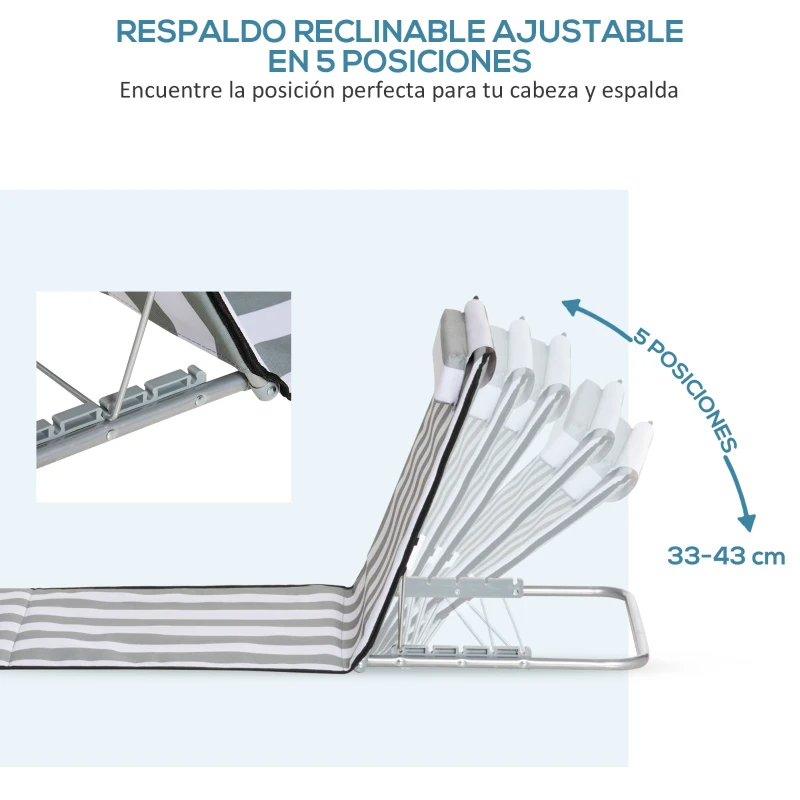 Outsunny Conjunto de 2 Esterillas con Respaldo Reclinable Reposacabezas y Bolsa de Transporte 134x48x33-43 cm Blanco y Gris