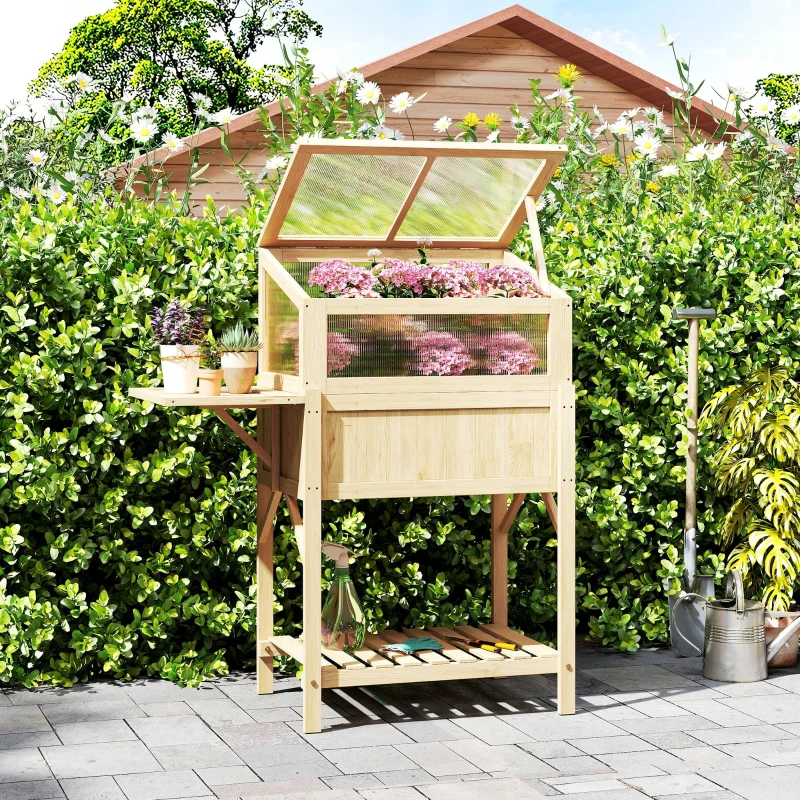 Outsunny Carré potager sur pieds avec serre, jardinière surélevée, table latérale pliante et étagère, 104x50x120cm, bois naturel