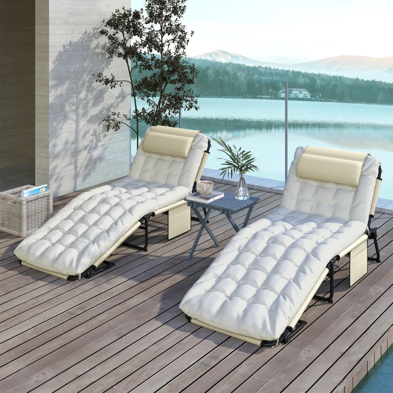 Outsunny Lot de 2 transats bains de soleil pliable avec dossier inclinable 4 positions - appui-tête et matelas épais beige