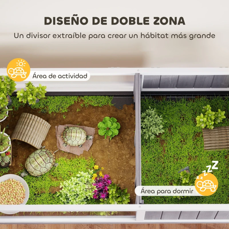 PawHut Casa para Tortugas de Madera con Techo de Malla Bandeja Extraíble y Soporte para Lámpara 104x53x82 cm Gris y Blanco