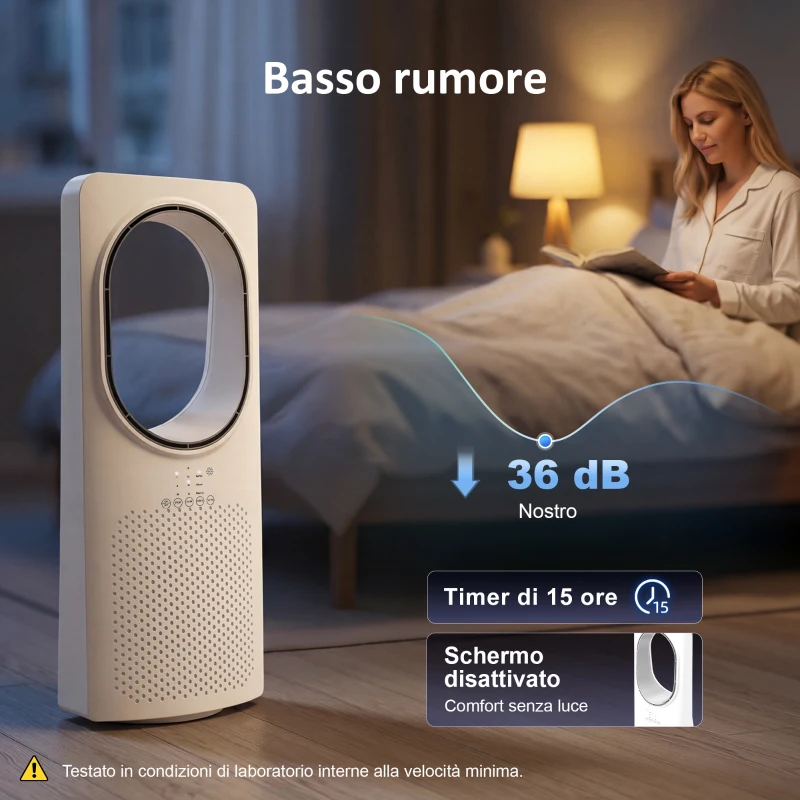 HOMCOM Ventilatore a Torre Senza Pale, Silenzioso 36dB, con Oscillazione a 45°, Luci LED, Telecomando, Bianco