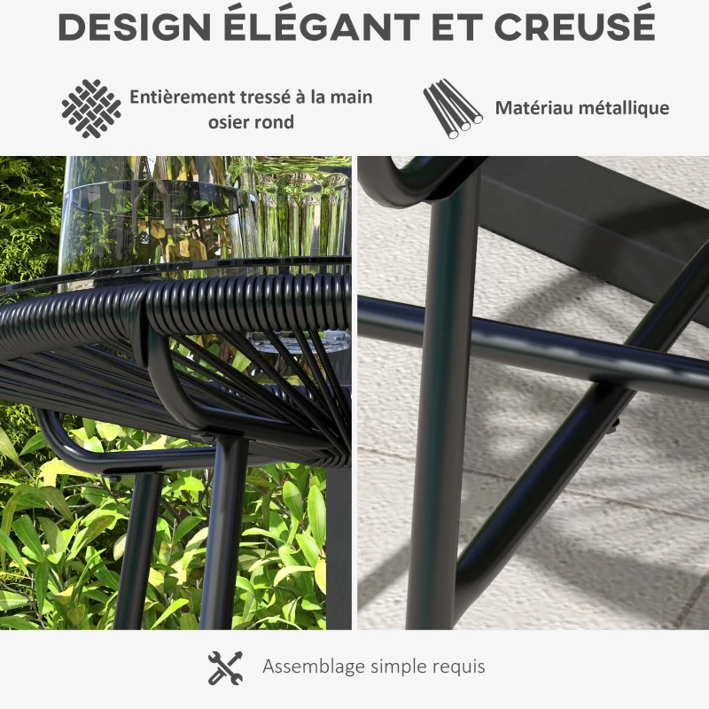 Outsunny Table basse ronde de jardin en résine aspect rotin métal et plateau verre trempé Ø 50 x 50 cm noir