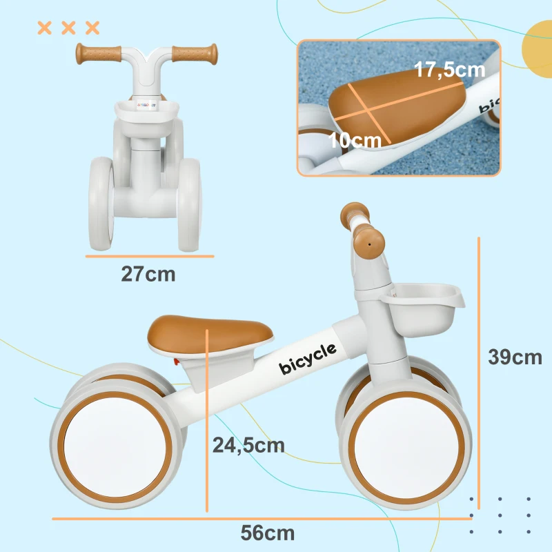 AIYAPLAY Draisienne vélo Enfant 4 roues selle réglable, guidon ergonomique alliage alu. PP, enfant 1 à 3 ans - Marron Blanc(m-3)