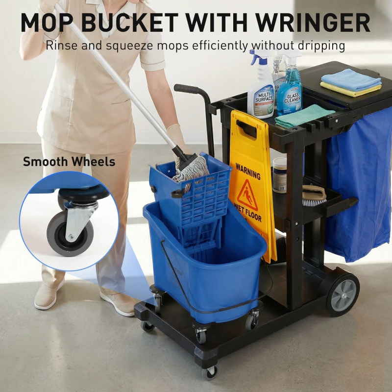 HOMCOM Wózek do sprzątania na kółkach, 3 półki, torba na odpady 70 L, wyciskarka do mopa, niebieski