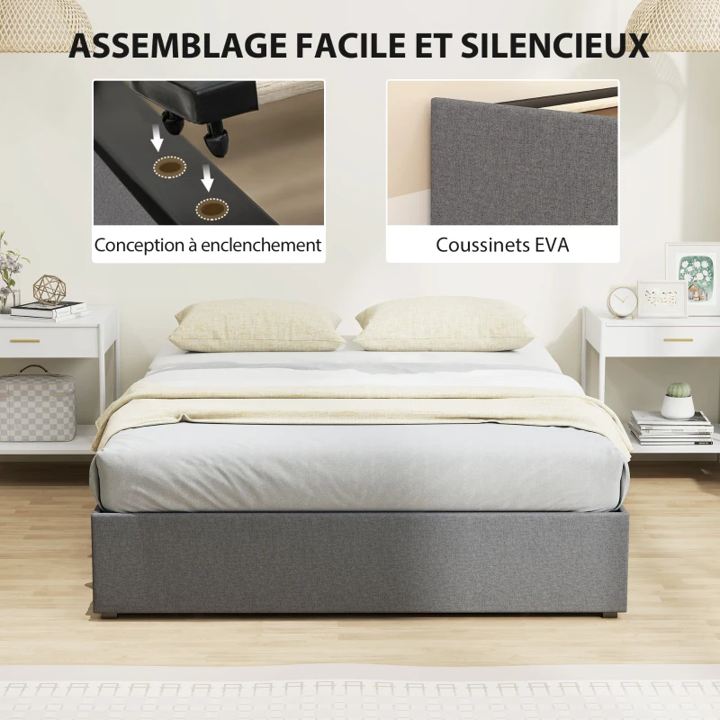 HOMCOM Lit coffre 140 x 190 cm, cadre de lit double rembourré avec 3 tiroirs, sommier à lattes en LVL, sans bruit, gris