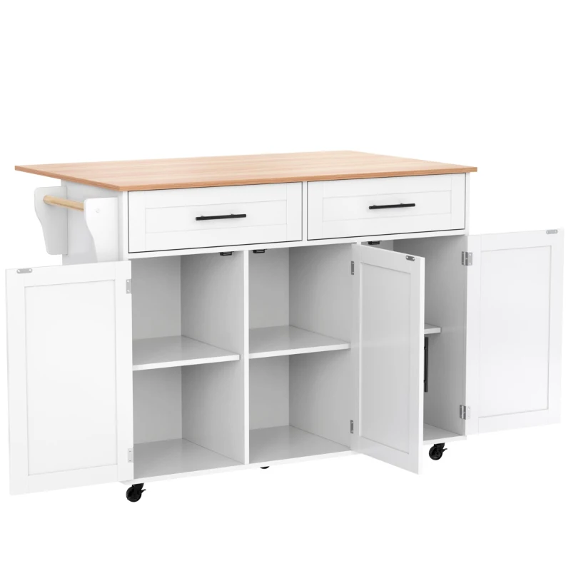 Kücheninsel auf 5 Rädern, ausklappbarer Klapptischplatte, 129x46/71x91,5 cm, Weiß+Naturfarbe