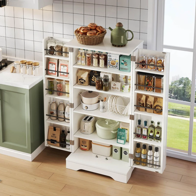 Küchenschrank mit LED-Sensorlicht, großer 2-türiger Aufbewahrungsschrank mit verstellbaren Regalböden & Türablagen, 60×40×120 cm, Weiß