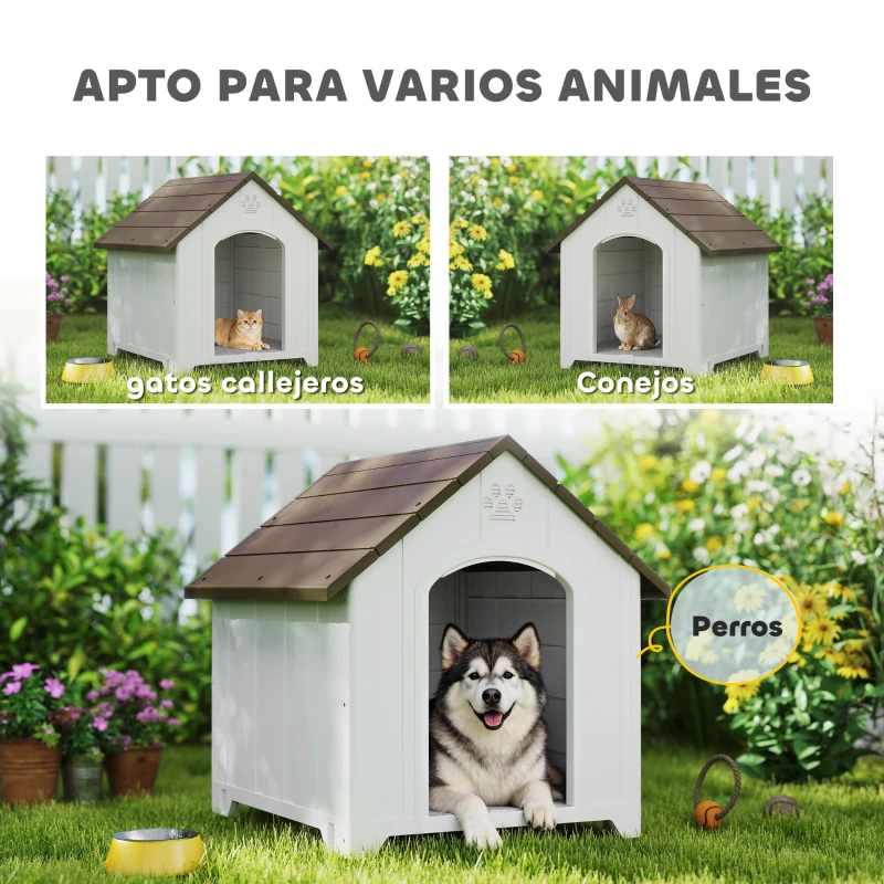 PawHut Caseta para Perros Exterior Casa para Perros Extragrandes de Plástico con 2 Ventanas Base Elevada Estacas Marrón Oscuro