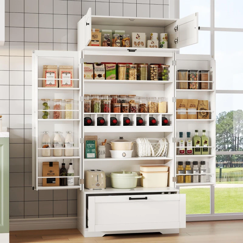 Freistehender Küchenaufbewahrungsschrank mit Weinregal, verstellbaren Einlegeböden und Flügeltüren, 80x40x180 cm, Weiß
