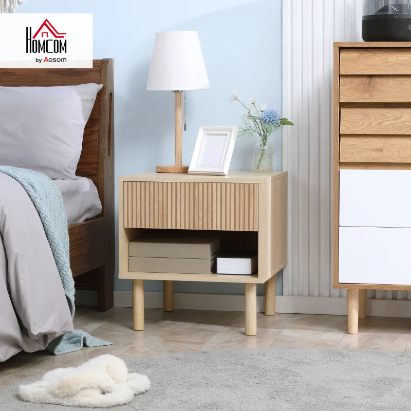 HOMCOM bedside table nightstand with drawers and cubbies, modern side table for bedroom, living room, dim. 47 x 47 x 50 cm, natural wood finish