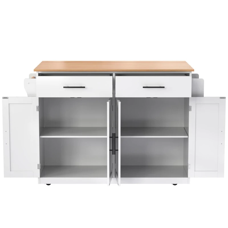 Servierwagen mit klappbarer Tischplatte, 2 Schubladen und Doppeltüren, 136 x 46/71 x 91,5 cm, Weiß+Naturfarbe