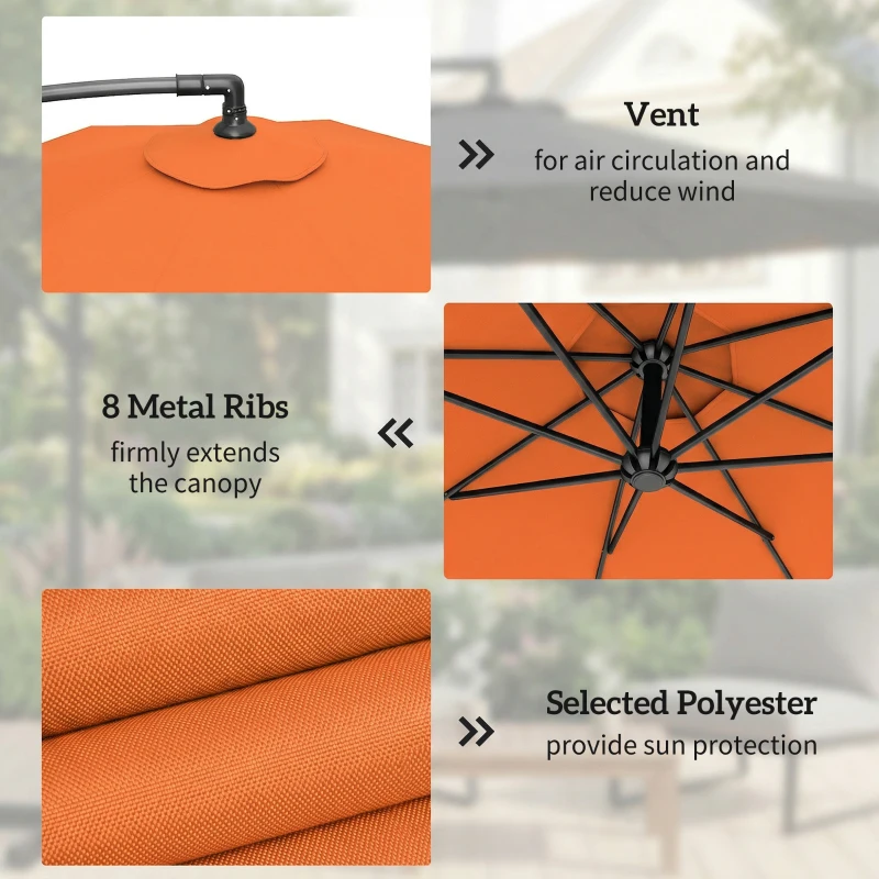Outsunny 3 m Cantilever Parasol with Cross Base, Offset Outdoor Umbrella with Crank Handle, Hanging Sun Shade, Orange