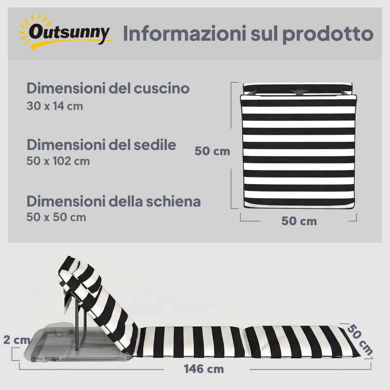 Outsunny Set 2 Sdraio da Spiaggia con Poggiatesta Imbottito, in Metallo e Tessuto Oxford, 146x50x2 cm, Grigio e Bianco