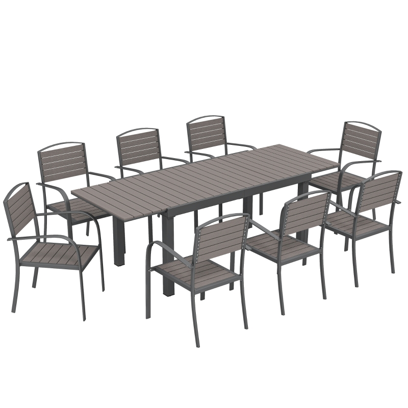 Outsunny Conjunto de Mesa y Sillas Jardín con Mesa Extensible Marco de Aluminio 8 Sillas y Tablero de Lamas de Madera Plástica