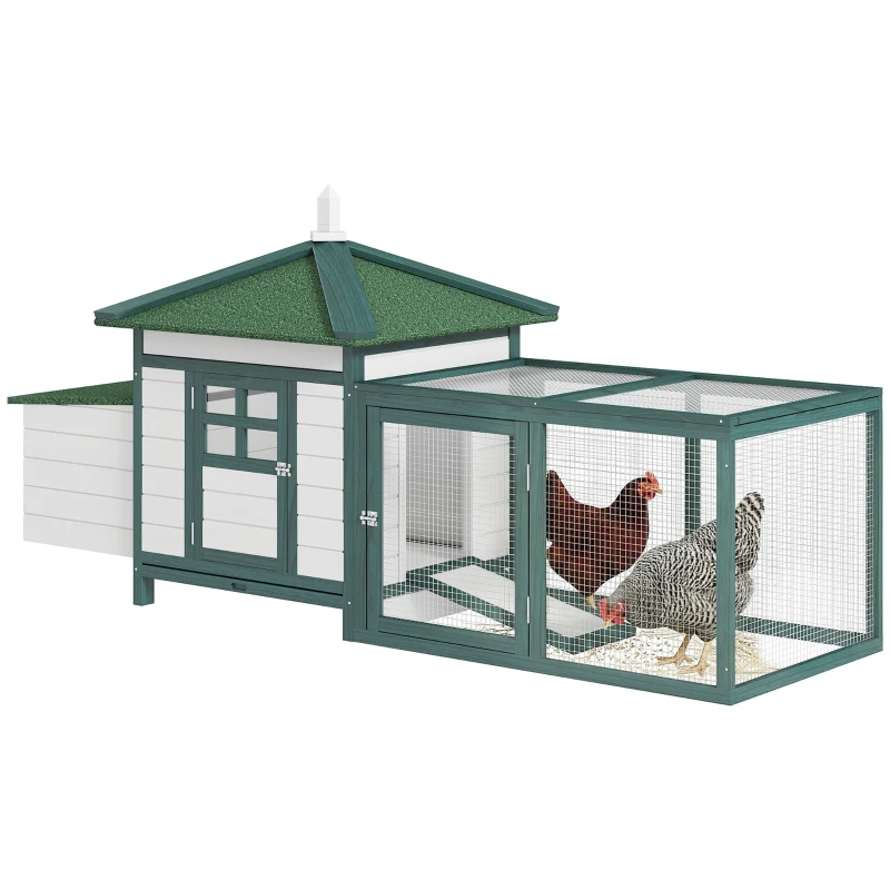 PawHut Gallinero de Madera Jaula para Gallinas de Exterior con Nido Bandeja Extraíble y Espacio para Correr 196x76x97 cm Verde