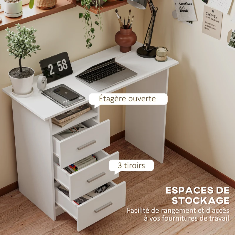 HOMCOM Bureau d'ordinateur avec 3 tiroirs et étagère ouverte, bureau informatique, style moderne, 100 x 40 x 75 cm, blanc