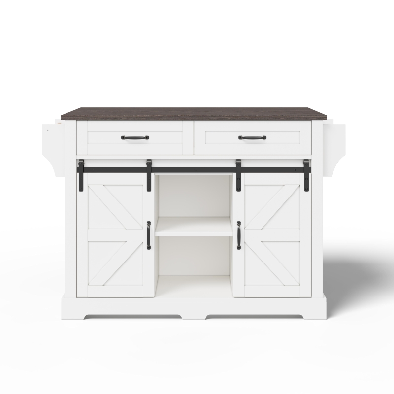 Kücheninsel mit klappbarer Arbeitsplatte, Küchenschrank mit 2 Schiebetüren und 2 Schubladen, 120 x 45/70 x 91 cm, Braun+Weiß