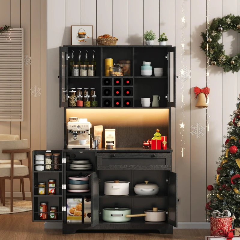 Küchen-Hochschrank mit Vitrine, fünf Türen, eine Schublade, verstellbaren Einlegeböden, 105x40x180 cm, Schwarz