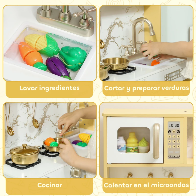 AIYAPLAY Cocina de Juguete de Madera con Sonido con Accesorios de Acero Inoxidable Verduras para Cortar Dorado