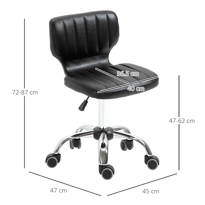 HOMCOM Rolling stool - 360° swivel work stool - ergonomic stool - adjustable seat height 47-62 cm - quilted PU upholstery black chrome metal