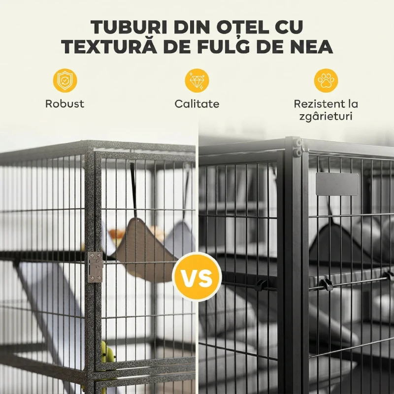 PawHut Cușcă pentru Animale Mici cu 4 Niveluri, Rampe, Platforme, Hamac și Roți, 52x52x115 cm, Gri