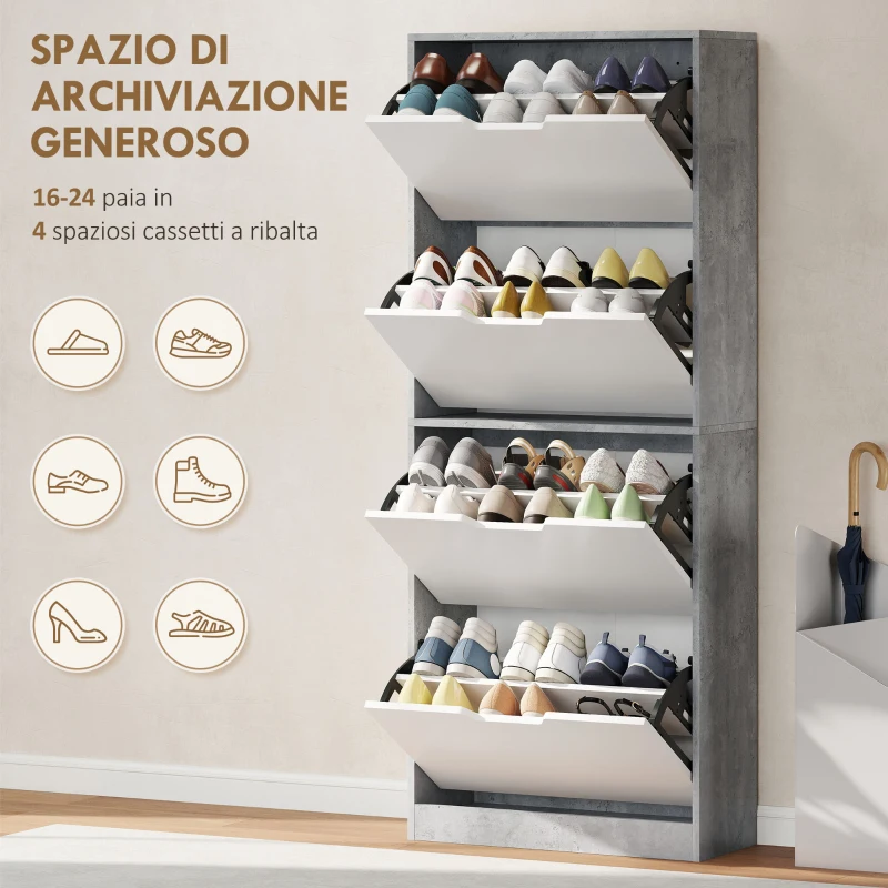 HOMCOM Scarpiera Salvaspazio Moderna a 4 Ante per 16 Paia di Scarpe, 62.5x26x156 cm, Grigio Cemento