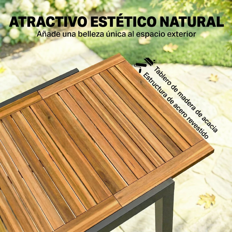 Outsunny Mesa de Jardín Extensible 120/80x70 cm Estructura de Acero y Tablero de Madera de Acacia para 4-6 Personas Natural