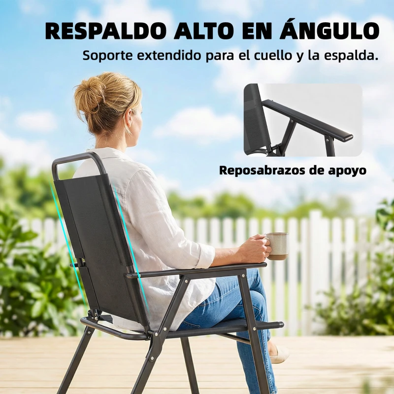 Outsunny Pack de 4 Sillas de Camping Plegables con Respaldo Alto Asiento Ancho y Reposabrazos Tela Textilene Transpirable Negro