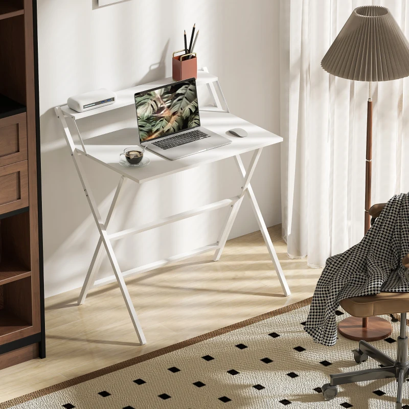 HOMCOM Bureau pliable 75,5 x 50 cm avec étagère de rangement pour chambre, petits espaces, blanc