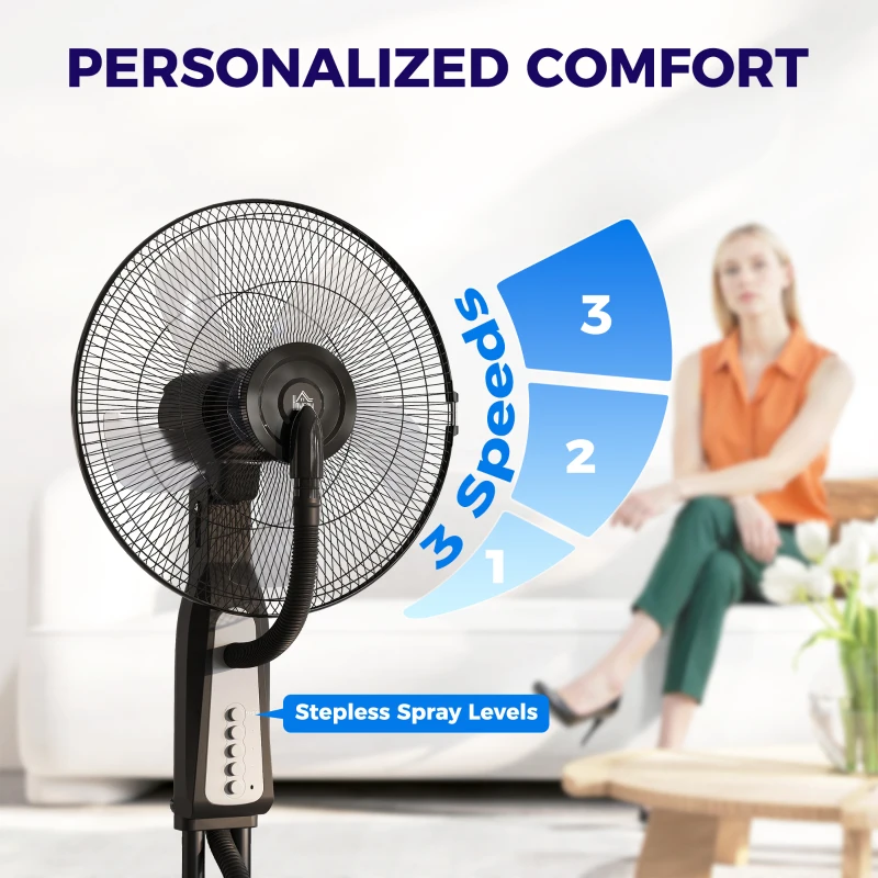 HOMCOM Spray Misting Fan, Pedestal Fan with Water Mist Spray, 75° Oscillation, 3 Speeds, Adjustable Mist, 3L Water Tank, Wheels, for Home, 125 cm