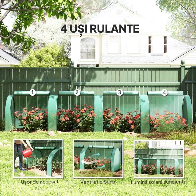 Outsunny Seră Tip Tunel din Oțel și Plastic Impermeabil Anti UV cu 4 Uși, 395x100x80 cm, Verde