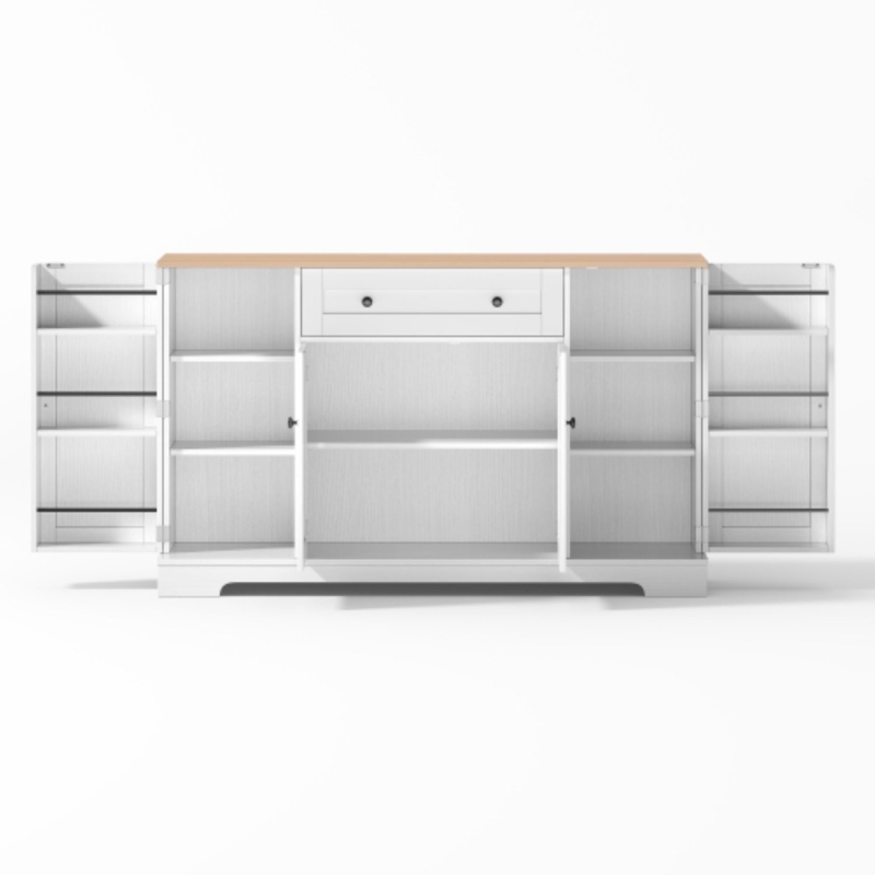 Multifunktionales Küchenbuffet, mit Schublade und Regaltüren, Modernes Design, 138 x 40 x 85 cm, Weiß+Naturfarbe