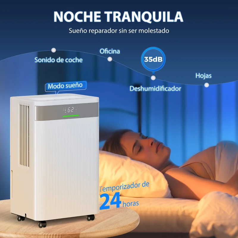 HOMCOM Deshumidificador 12L/día Silencioso con 3 Modos Pantalla LED Temporizado 24H Bloqueo Infantil y Drenaje Continuo Blanco