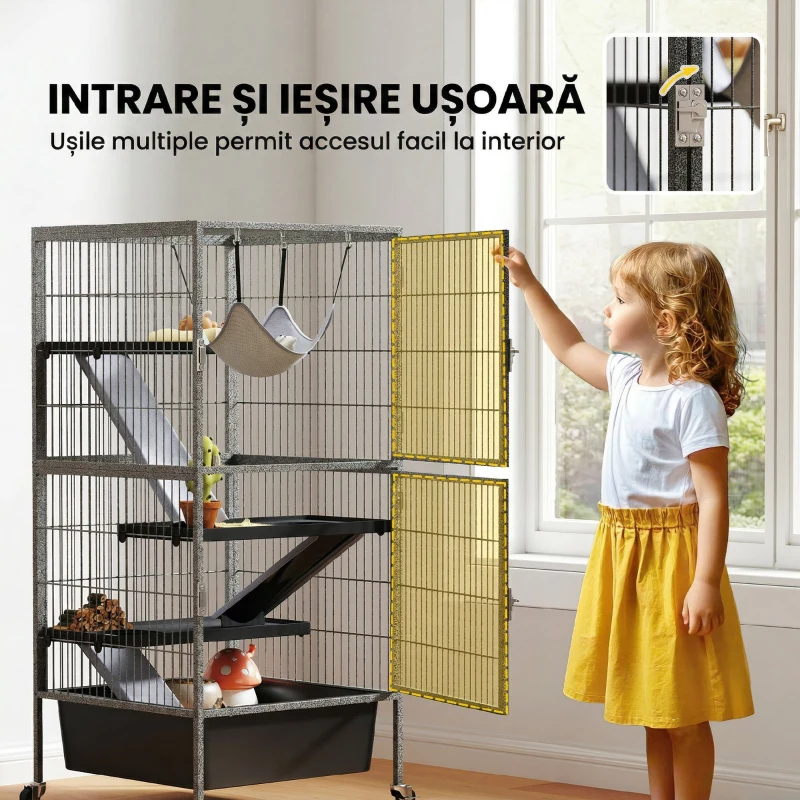 PawHut Cușcă pentru Animale Mici cu 4 Niveluri, Rampe, Platforme, Hamac și Roți, 52x52x115 cm, Gri