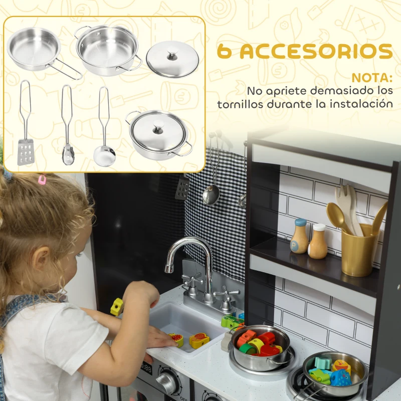 AIYAPLAY Cocina de Juguete de Madera con Sonido Accesorios de Acero Inoxidable para Niños a Partir de 3 Años Marrón Oscuro