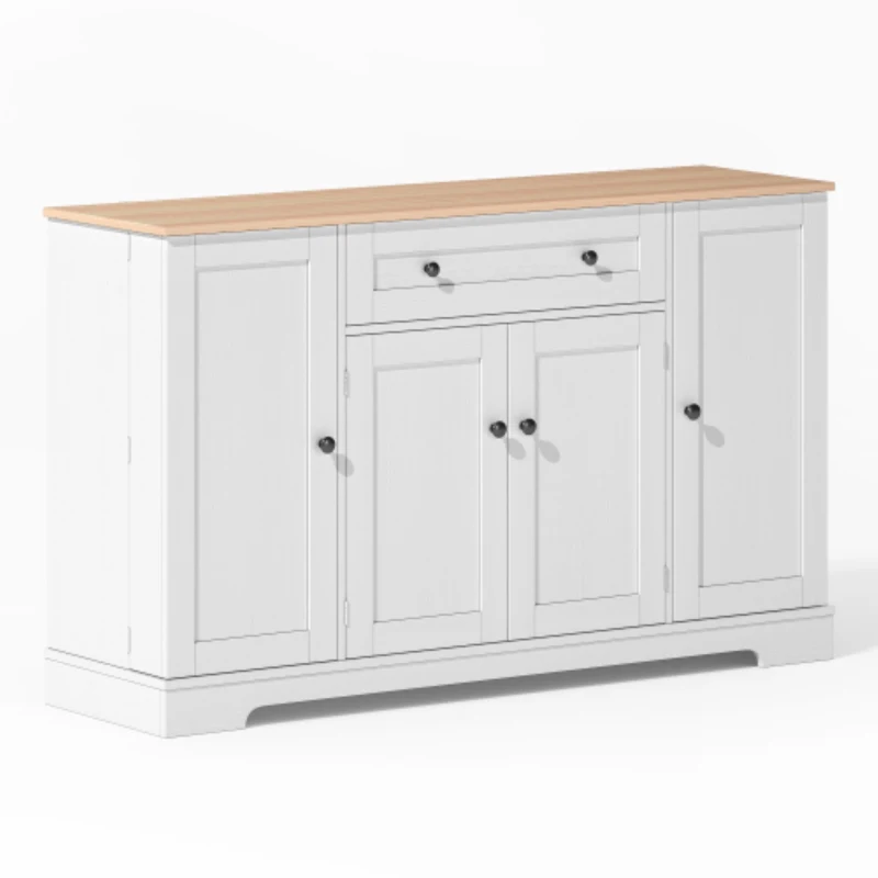 Multifunktionales Küchenbuffet, mit Schublade und Regaltüren, Modernes Design, 138 x 40 x 85 cm, Weiß+Naturfarbe