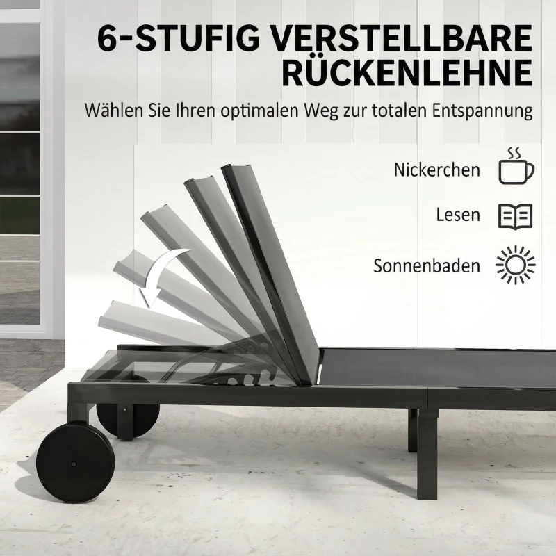 Outsunny Sonnenliege Atmungsaktive Gartenliege mit 6-fach Verstellbar Rückenlehne Rädern Aluminiumrahmen