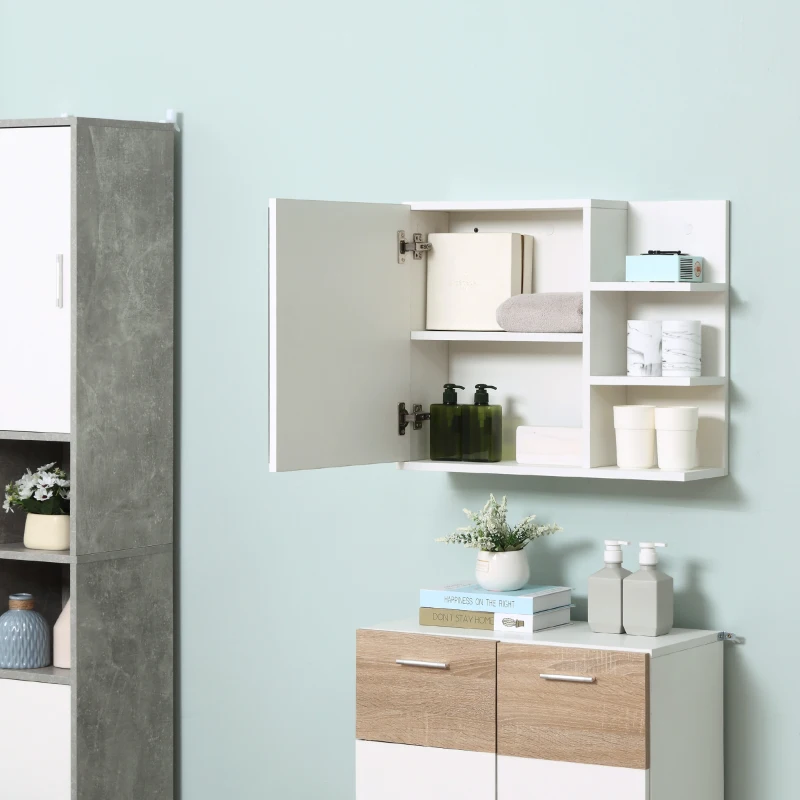kleankin Bathroom Mirror Cabinet with Shelf 3 Side Shelves Wall Mount Kit Included White Wood Effect
