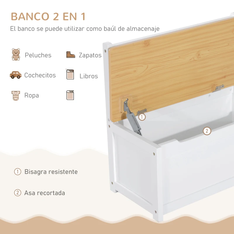 HOMCOM Mesa y Sillas Infantiles de 4 Piezas Mesa Infantil con 2 Sillas y Banco con Almacenaje Juego de Muebles para Actividades para Niños de +3 Años para Dormitorio Sala de Juegos Blanco y Natural