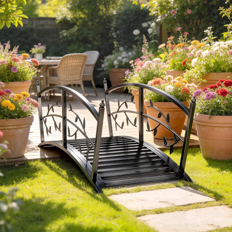 Outsunny Dekoracyjny mostek ogrodowy z metalu 120 cm z bezpiecznymi balustradami, antyczny wygląd, odporny na korozję, łatwy montaż