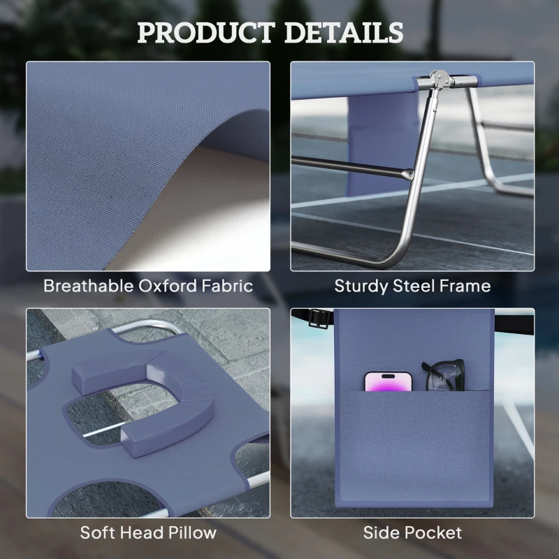 Outsunny Leżanka składana z otworem na twarz i poduszką, leżanka ogrodowa z 5-stopniowym regulowanym oparciem, odporna na warunki pogodowe leżanka kempingowa do 120 kg, na plażę, basen, do ogrodu, szara