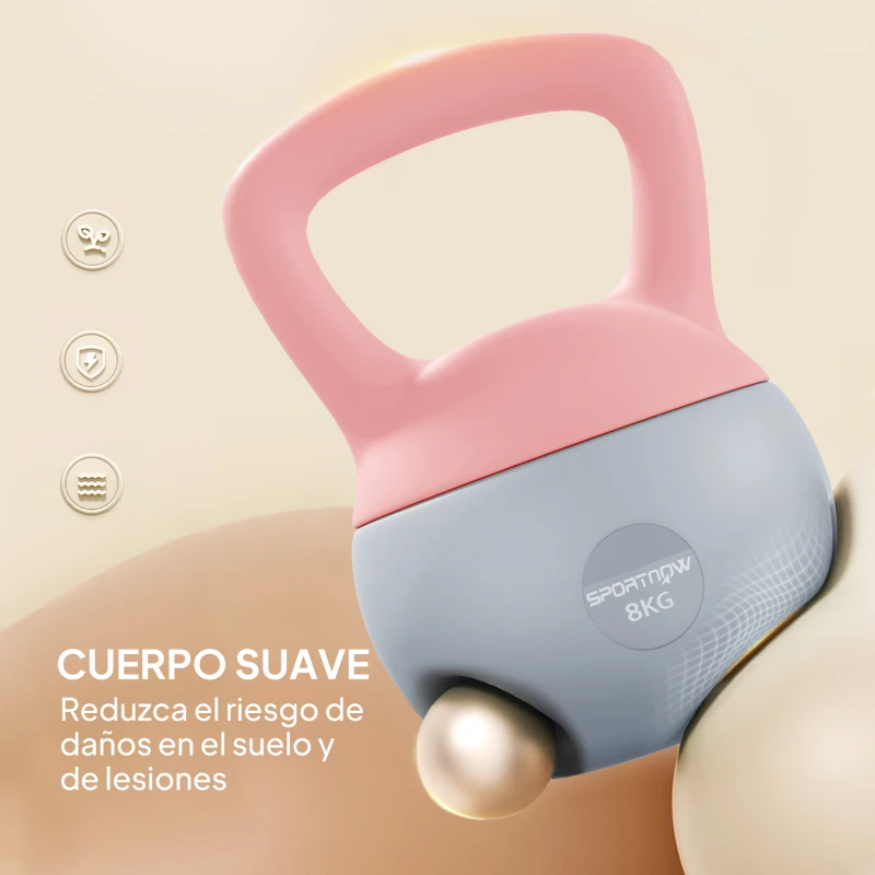 SPORTNOW Pesa Rusa 8 kg Kettlebell Relleno de Arena Metálica y Mango Antideslizante para Entrenamiento en Casa 19x19x28 cm Rosa