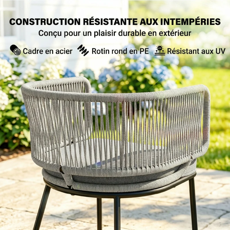 Outsunny Lot de 2 Fauteuils de Jardin, Dossier et Accoudoirs en Corde Résine Tressée, Coussins Amovibles, 55x57x75cm, Gris Clair
