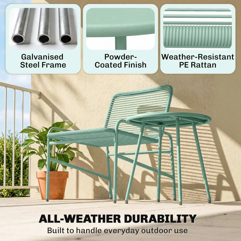 Outsunny 3 Piece Rattan Bistro Set, Outdoor Garden Furniture Set with 2 Chairs, Round Coffee Table for Patio, Balcony, Green