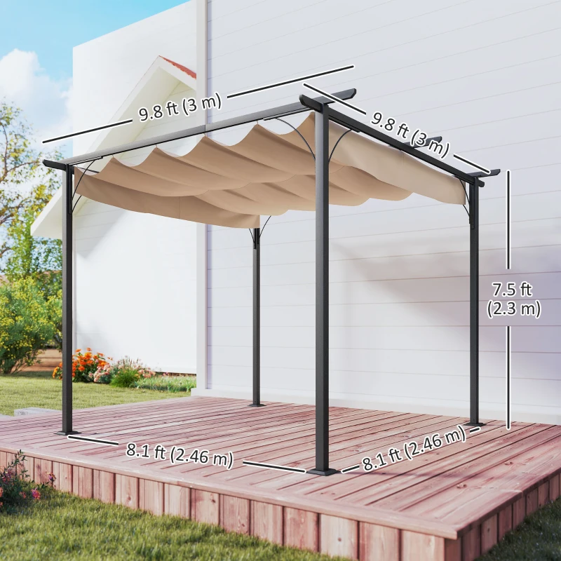 Outsunny 3 x 3(m) Metal Pergola with Retractable Roof, Garden Gazebo Metal Pergola Canopy. Outdoor Sun Shade Shelter for Party BBQ, Beige