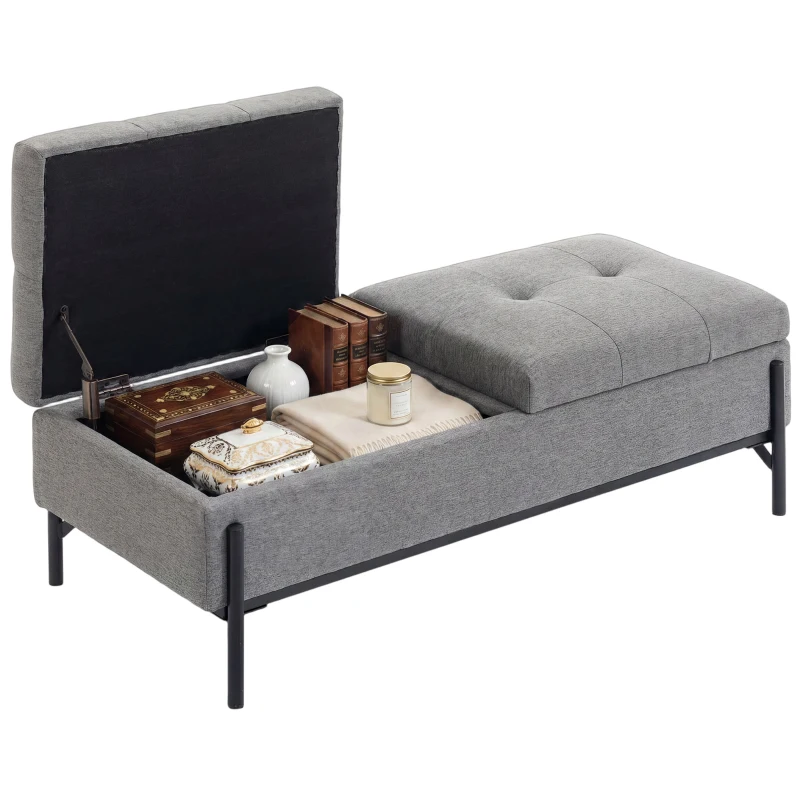 HOMCOM Baú de Assento em Linho Banco de Cama com 2 Compartimentos Tampas Articuladas e Acolchoamento Extra Espesso 117x50x44 cm