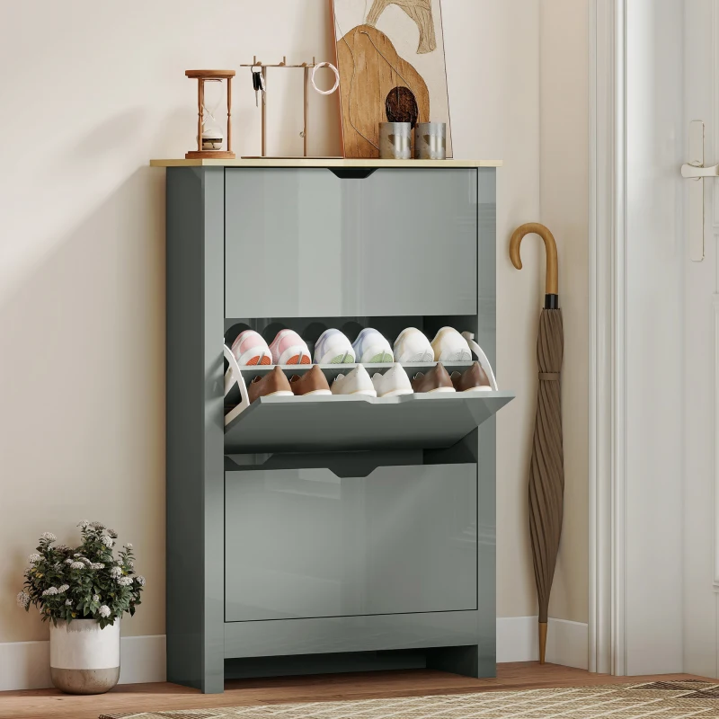HOMCOM Slim Shoe Cabinet, Narrow Shoe Cupboard with 3 Flip Drawers, Adjustable Shelves for 18 Pairs of Shoes, Light Grey