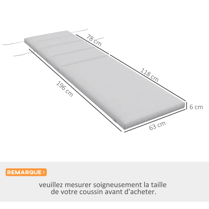 Outsunny Coussin d'extérieur pour chaise Longue Coussin Bain de Soleil Rectangulaire avec appui-tête 196 x 63 cm, gris clair