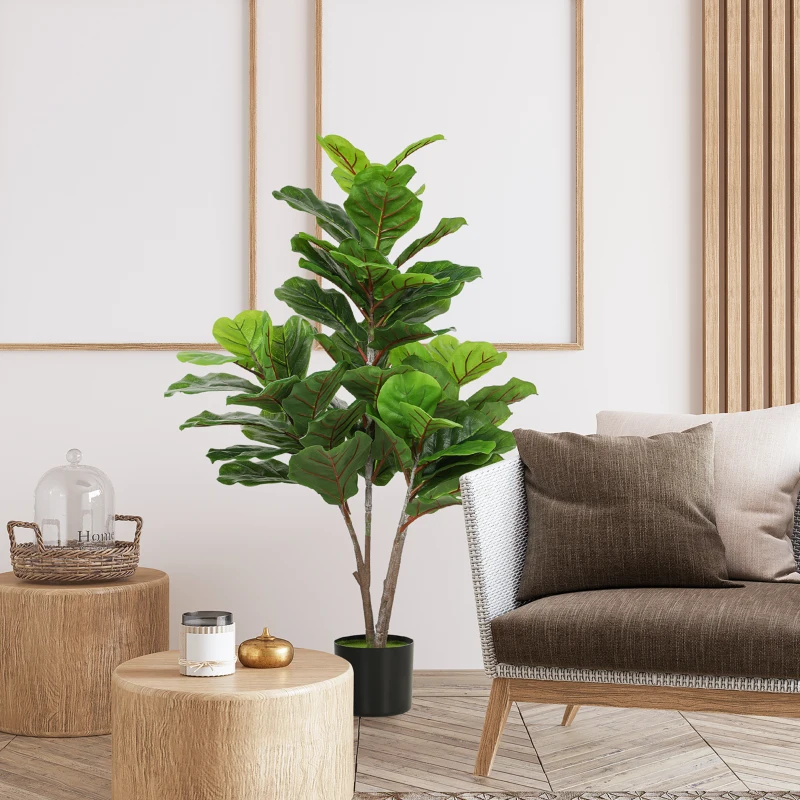 HOMCOM Decorative Artificial Plant, 110cm Faux Fiddle-Leaf Fig with Plastic Pot and Flocking, Indoor Fake Plant for Home or Office Decor, Green