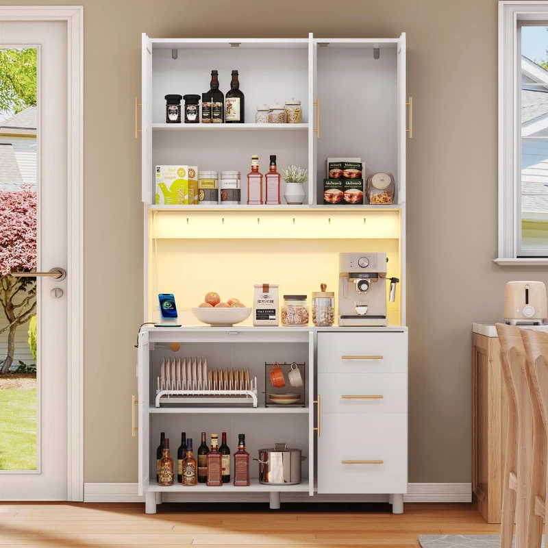 Küchenanrichte mit Geflochtenes Rattanfinish und goldene Metallgriffe, LED-Deko-Lichter, 100x40x183 cm, Weiß